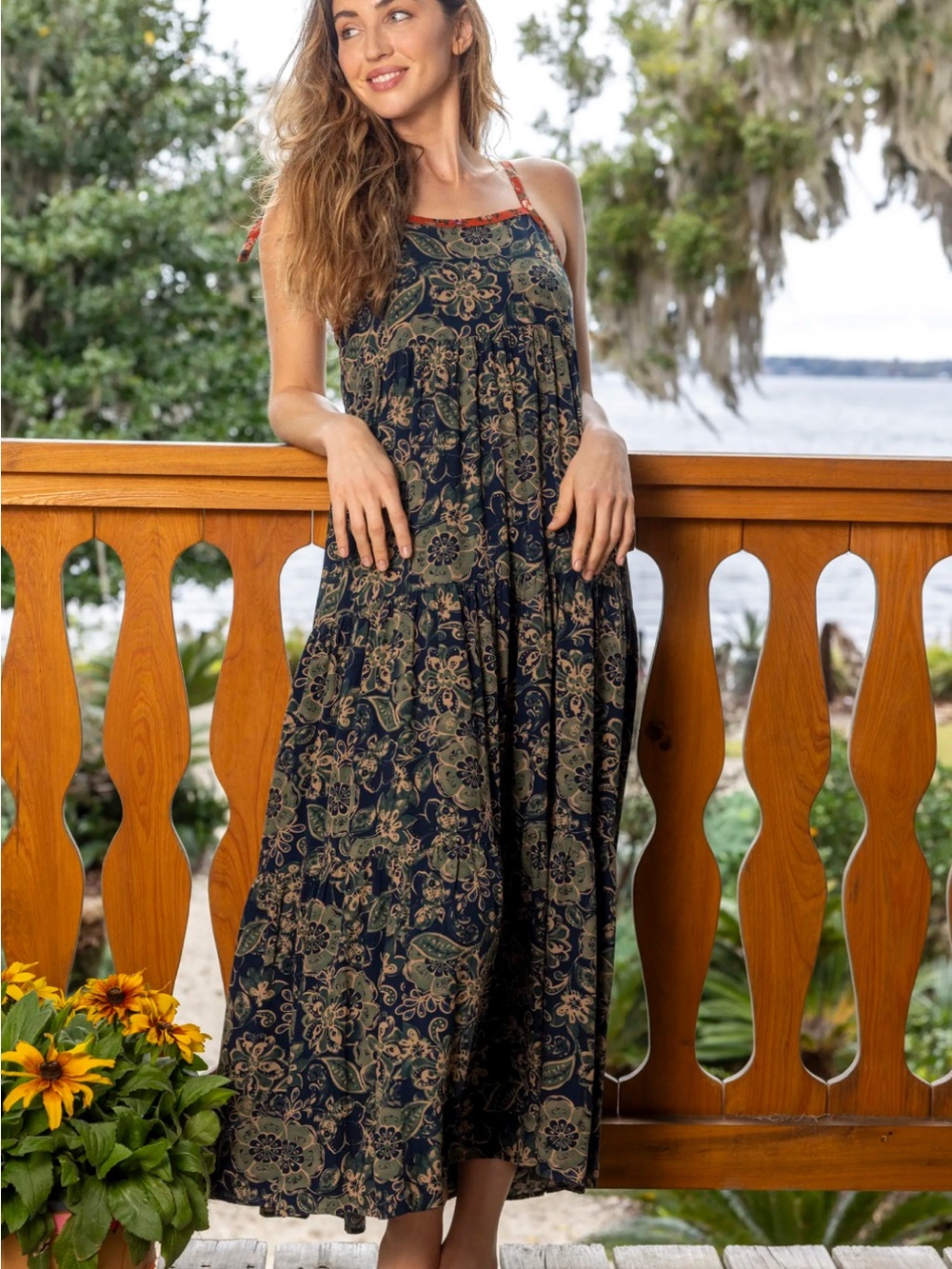 NATURAL LIFE Navy and Olive Floral Tiered Maxi Dress
